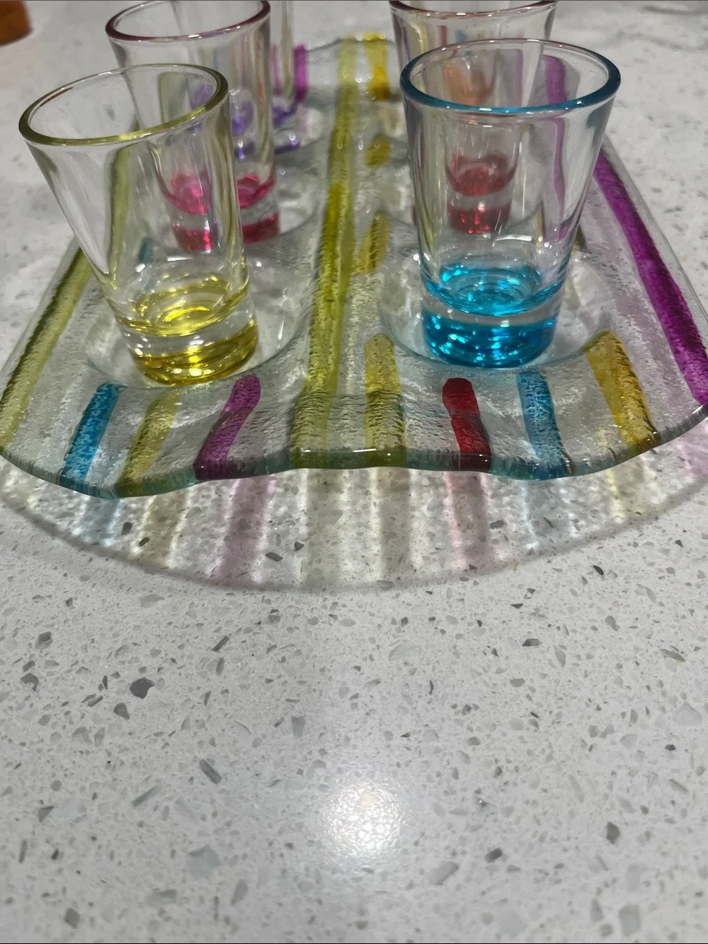 Fiesta Colorful Glass Shot Glass Set with Striped Serving Tray NIB 7 pc set